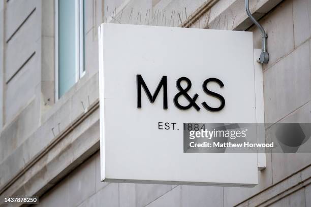 Close-up of a Marks and Spencer store sign on October 19, 2022 in Cardiff, Wales.