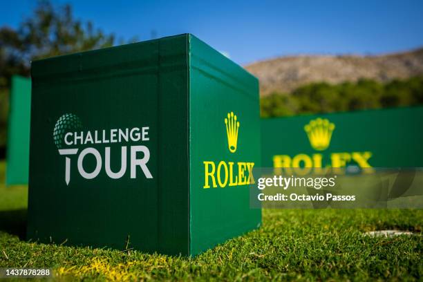 Detail of the tee mark is seen on the fourth tee box prior to the Rolex Challenge Tour Grand Final supported by The R&A 2022 at Club de Golf Alcanada...
