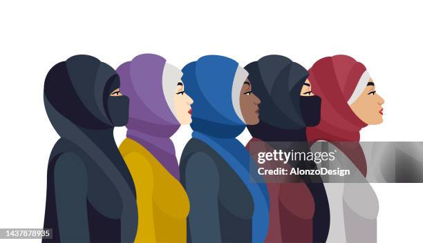 ilustrações de stock, clip art, desenhos animados e ícones de muslim arabic women. traditional ethnic clothing. a set of middle eastern female characters wearing hijabs. - hijab