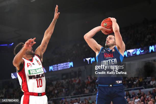 Chris Goulding of United shoots during the round five NBL match between Melbourne United and Perth Wildcats at John Cain Arena, on October 31 in...