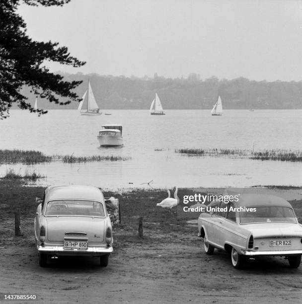 Zwei Autos parken zum Ansegeln an der Havel, Berlin, Deutschland 1961.