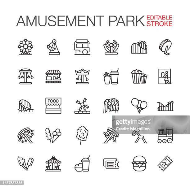 ilustrações de stock, clip art, desenhos animados e ícones de amusement park line icons editable stroke - parque de diversões evento de entretenimento