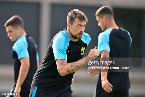 Francesco Acerbi of FC Internazionale in action during the FC Internazionale training session at the club's training ground Suning Training Center...