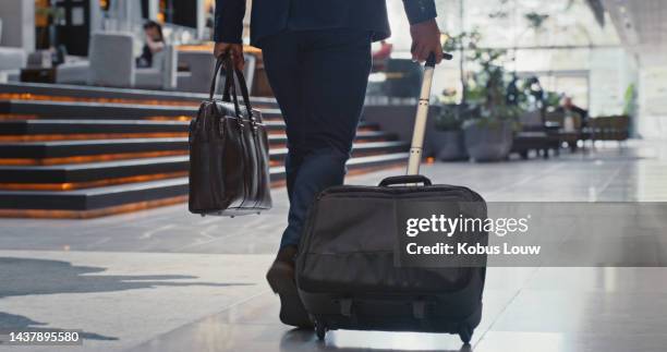 businessman, luggage and travel while walking in airport or station for company trip or international flight. corporate person with international traveling, suitcase and employee in airport terminal - employee leaving stock pictures, royalty-free photos & images