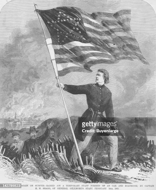 Bragg Hoists Sumter Flag over Fort, Fort Sumter, South Carolina, February 18, 1865. From an issue of Frank Leslie's Illustrated Almanac.
