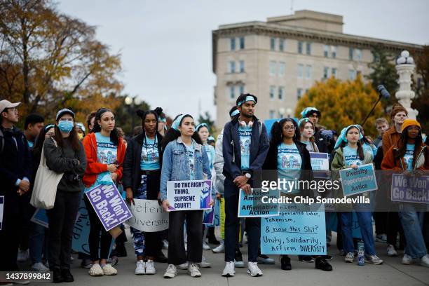 Proponents for affirmative action in higher education rally in front of the U.S. Supreme Court before oral arguments in Students for Fair Admissions...