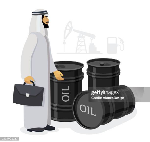 stockillustraties, clipart, cartoons en iconen met arabic businessman. oil barrel. - qatar oil