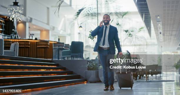 businessman, phone call and travel suitcase for trip in conversation, discussion or talking at the airport. black man on corporate call on smartphone for deal or opportunity with traveling luggage - tourist talking on the phone stock pictures, royalty-free photos & images