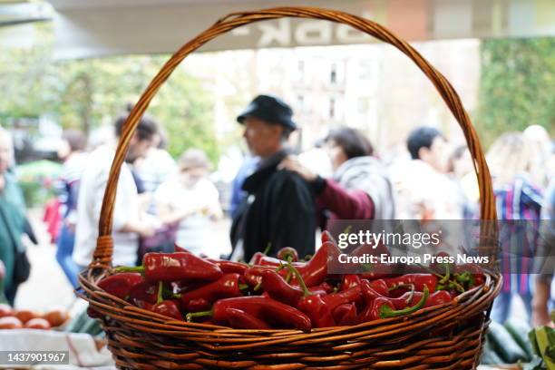 Red peppers at the 'Last Monday of October' Basque agricultural fair, on 31 October, 2022 in Gernika-Lumo, Biscay, Basque Country, Spain. After two...