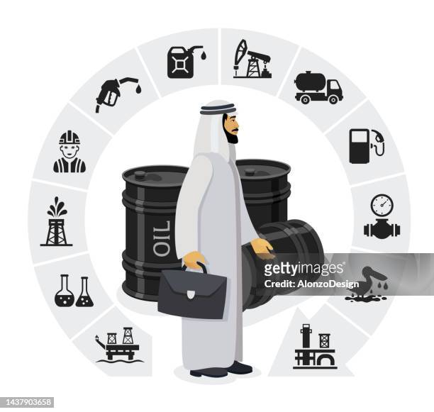 ilustrações de stock, clip art, desenhos animados e ícones de oil industry concept. arabic businessman. oil barrel. - lata de óleo