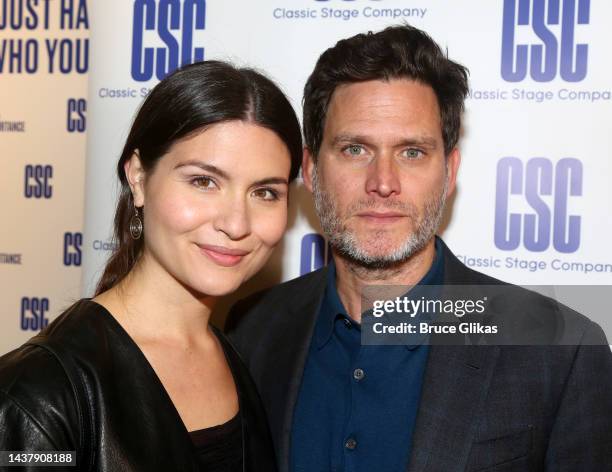 Phillipa Soo and Steven Pasquale pose at the opening night of the musical "A Man of No Importance" at Classic Stage Company on October 30, 2022 in...
