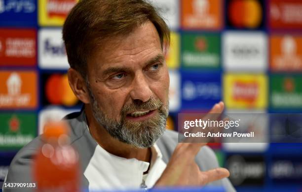 Jurgen Klopp manager of Liverpool during a press conference at Anfield on October 31, 2022 in Liverpool, England.