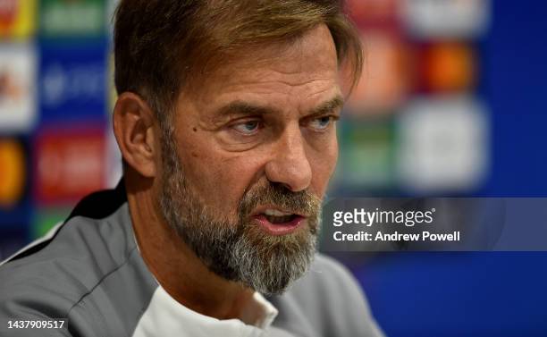 Jurgen Klopp manager of Liverpool during a press conference at Anfield on October 31, 2022 in Liverpool, England.
