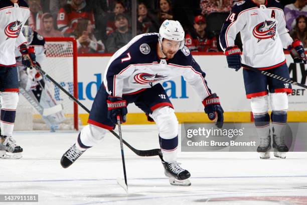 Sean Kuraly of the Columbus Blue Jackets skates against the New Jersey Devils at the Prudential Center on October 30, 2022 in Newark, New Jersey. The...