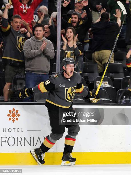 Jack Eichel of the Vegas Golden Knights celebrates after scoring a goal against the Winnipeg Jets with seven seconds left in overtime to win the game...