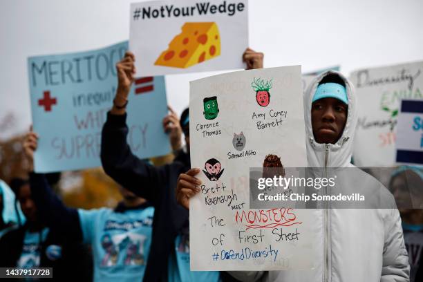 Proponents for affirmative action in higher education rally in front of the U.S. Supreme Court on October 31, 2022 in Washington, DC. The Court will...