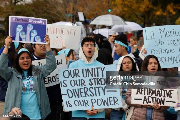 Proponents for affirmative action in higher education rally in front of the U.S. Supreme Court on October 31, 2022 in Washington, DC. The Court will...