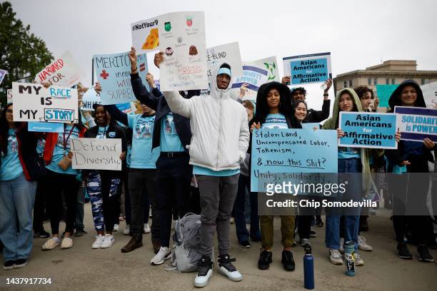Proponents for affirmative action in higher education rally in front of the U.S. Supreme Court on October 31, 2022 in Washington, DC. The Court will...