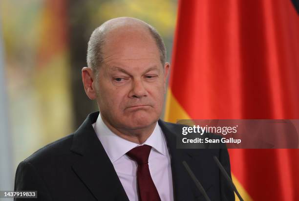 German Chancellor Olaf Scholz speaks to the media following a meeting with German Federation of Labour Unions head Yasmin Fahimi and Federal Union of...