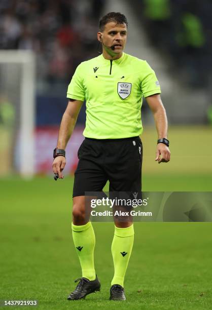 Referee Jesus Gil Manzano reacts during the UEFA Champions League group D match between Eintracht Frankfurt and Olympique Marseille at Deutsche Bank...