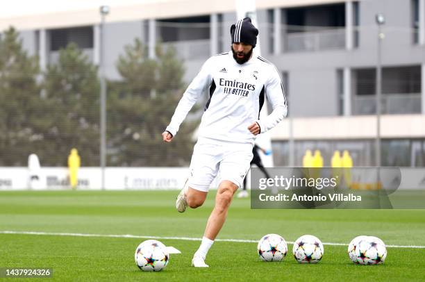 Karim Benzema, player of Real Madrid, is training with his teammates at Valdebebas training ground on October 31, 2022 in Madrid, Spain.