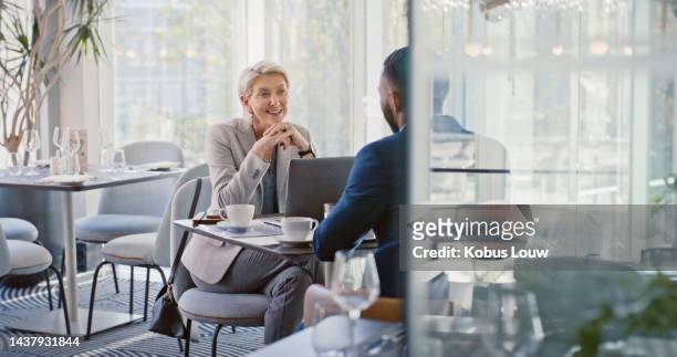 restaurant, business meeting and people partnership b2b, collaboration or corporate client on laptop. cafe, wealth and luxury of professional lawyer, manager and investor talking investment strategy - economy business and finance imagens e fotografias de stock