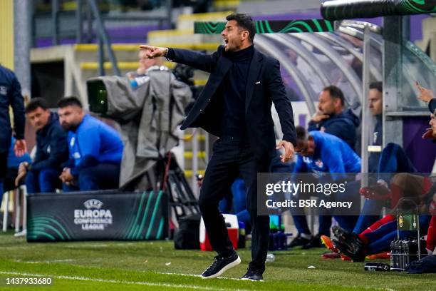 Coach Nicolae Dica of FCSB gestures during the Group B - UEFA Europa Conference League match between RSC Anderlecht and FCSB at the Lotto Park on...