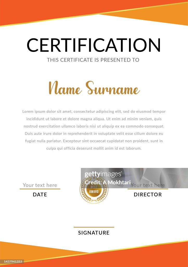 Certificate of achievement template.
For diploma, prizes, business, certificates, universities, schools and companies.
Orange color.