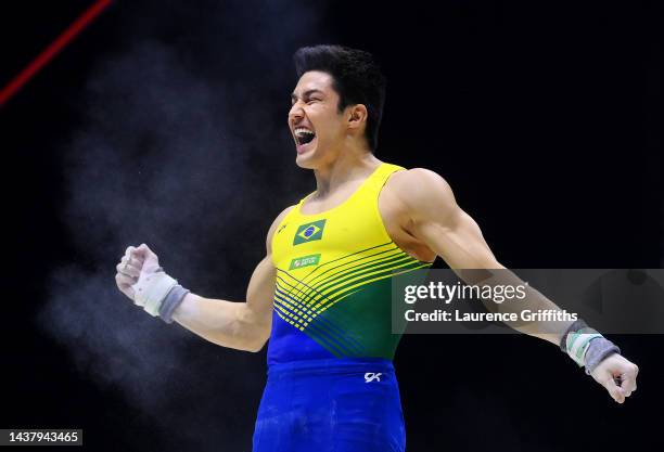 Arthur Mariano of Team Brazil celebrates after competing on Horizontal Bar during Men's Qualifications on Day Three of the FIG Artistic Gymnastics...