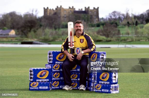 Durham and Australia cricketer David Boon pictured in his one day kit sitting on a throne of Fosters Lager ahead of the 1999 season County Season at...