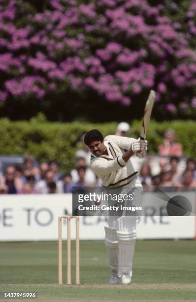 India batsman Kapil Dev hits out during his innings of 175 not out during the 1983 Cricket World Cup finals Match between India and Zimbabwe at...