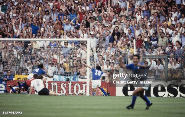Italy striker Paolo Rossi scores the opening goal of the 1982 FIFA World Cup Final between Italy and West Germany at the Bernabeu Stadium on July...