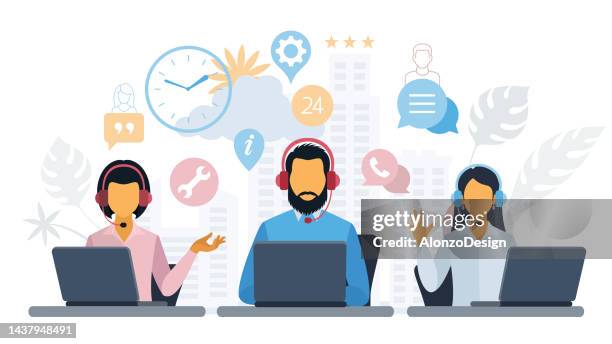 stockillustraties, clipart, cartoons en iconen met customer service. call center. hotline operators with headphones on laptop screen. - service