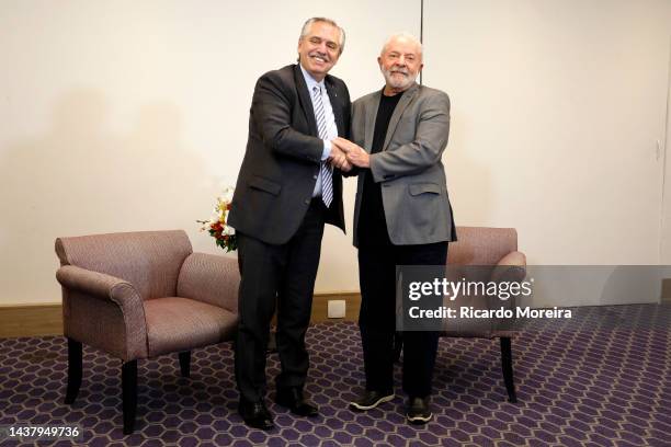 President-elect Lula da Silva meets Argentine President Alberto Fernandez at Intercontinental Hotel on October 31, 2022 in Sao Paulo, Brazil. Lula da...