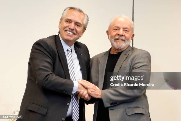 President-elect Lula da Silva meets Argentine President Alberto Fernandez at Intercontinental Hotel on October 31, 2022 in Sao Paulo, Brazil. Lula da...