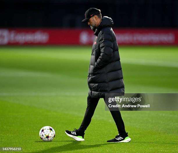 Jurgen Klopp manager of Liverpool during a training session at AXA Training Centre on October 31, 2022 in Kirkby, England.