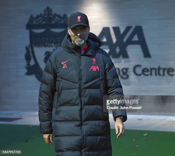 Jurgen Klopp manager of Liverpool in action during a training session at AXA Training Centre on October 31, 2022 in Kirkby, England.