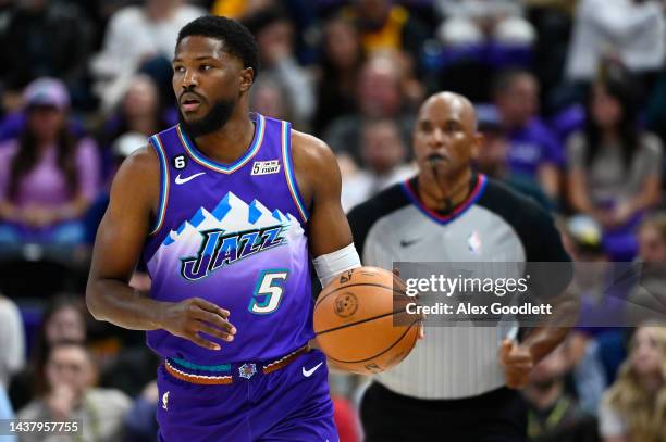 Malik Beasley of the Utah Jazz in action during a game against the Denver Nuggets at Vivint Arena on October 19, 2022 in Salt Lake City, Utah. NOTE...