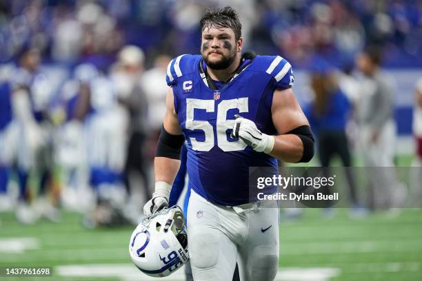 Quenton Nelson of the Indianapolis Colts jogs off the field after losing to the Washington Commanders 17-16 at Lucas Oil Stadium on October 30, 2022...