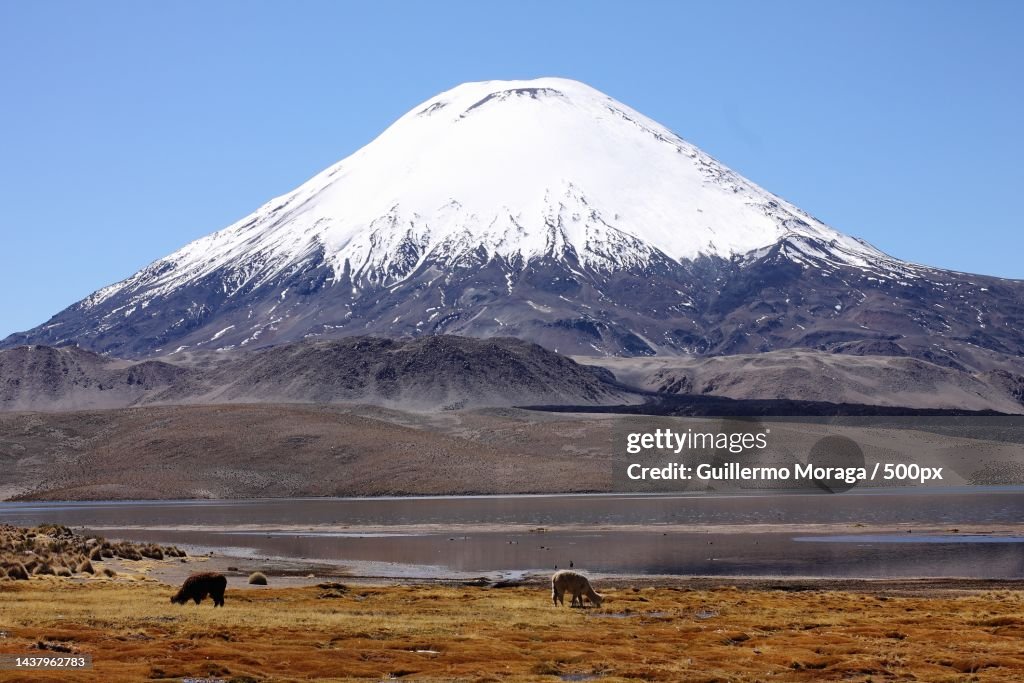 Scenic view of snowcapped mountains against clear sky