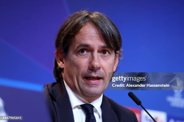 Simone Inzaghi, head coach of FC Internazionale attends a press conference ahead of their UEFA Champions League group C match against FC Bayern...