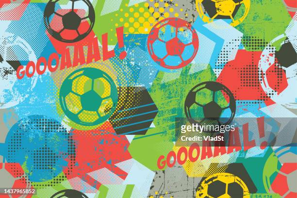 stockillustraties, clipart, cartoons en iconen met soccer ball score a goal grunge abstract seamless pattern sport background - soccer