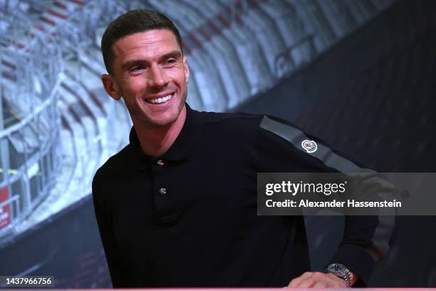 Robin Gosens of FC Internazionale attends a press conference ahead of their UEFA Champions League group C match against FC Bayern München at Allianz...