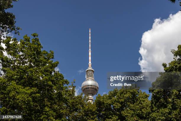 berlin - television tower with sky and trees (alexanderplatz/ germany) - central berlin stock-fotos und bilder