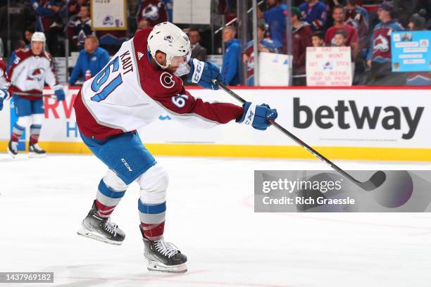 Martin Kaut of the Colorado Avalanche during warms up prior to the game against the New Jersey Devils on October 28, 2022 at the Prudential Center in...