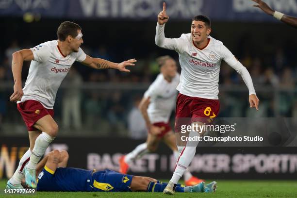 Cristian Volpato of AS Roma celebrates after scoring his team's second goal during the Serie A match between Hellas Verona and AS Roma at Stadio...