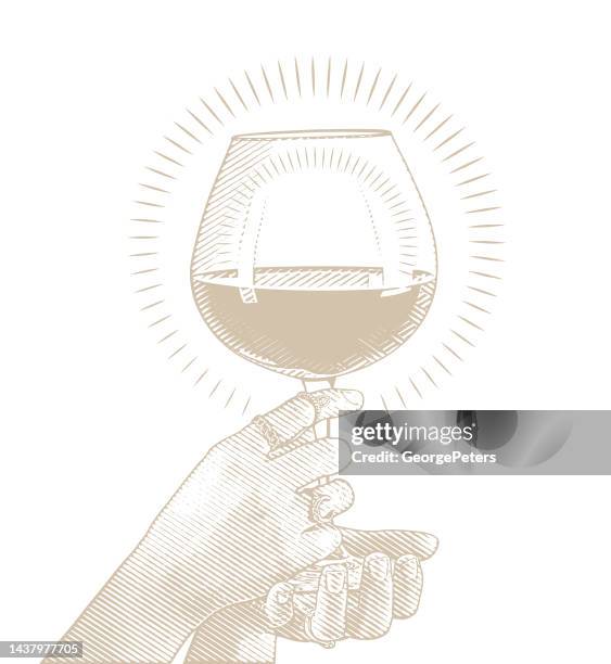 hände, die ein glas wein halten - weinprobe stock-grafiken, -clipart, -cartoons und -symbole