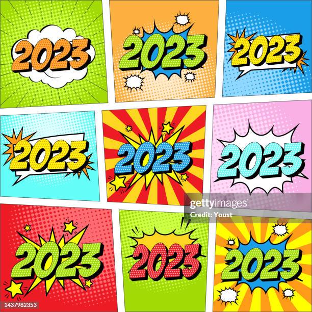 ilustrações, clipart, desenhos animados e ícones de conjunto colorido do ícone cômico do ano novo 2023 no estilo pop art. - chat humour