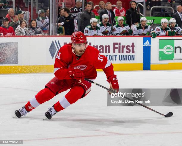 Filip Zadina of the Detroit Red Wings follows the play against the Minnesota Wild during the first period of an NHL game at Little Caesars Arena on...