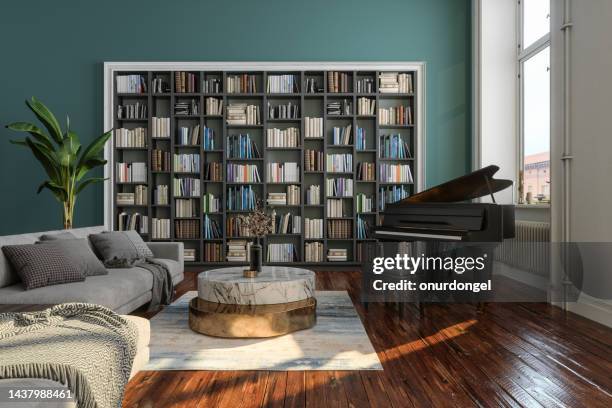 living room interior with grand piano, corner sofa, marble coffee table and bookshelf - coffee table books stockfoto's en -beelden